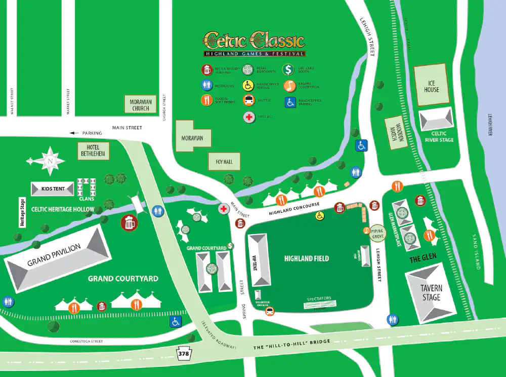 Celtic Classic grounds map showing stages, Highland Field, clan area, parking and visitor facilities in Bethlehem