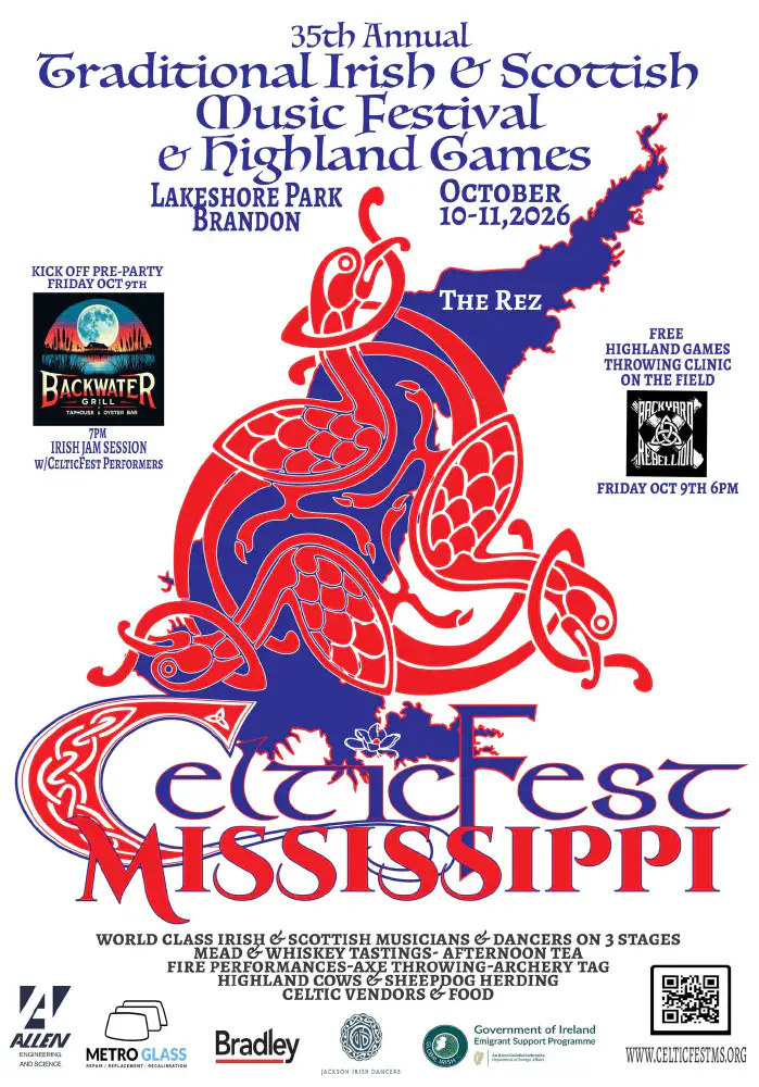 CelticFest Mississippi 2026 poster announcing October 10–11 and Friday October 9 kickoff activities