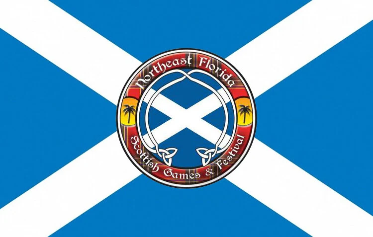 Northeast Florida Scottish Games and Festival emblem on a blue and white Saltire.