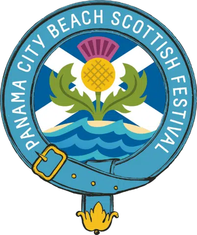 Panama City Beach Scottish Festival crest with a thistle, Saltire, and waves.