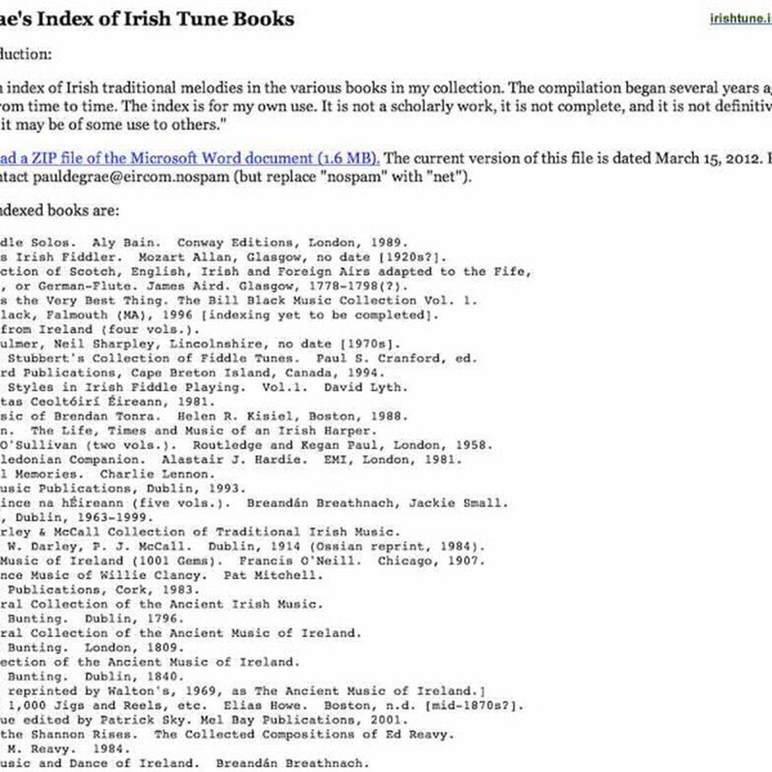 Paul de Grae's Index of Irish Tune Books