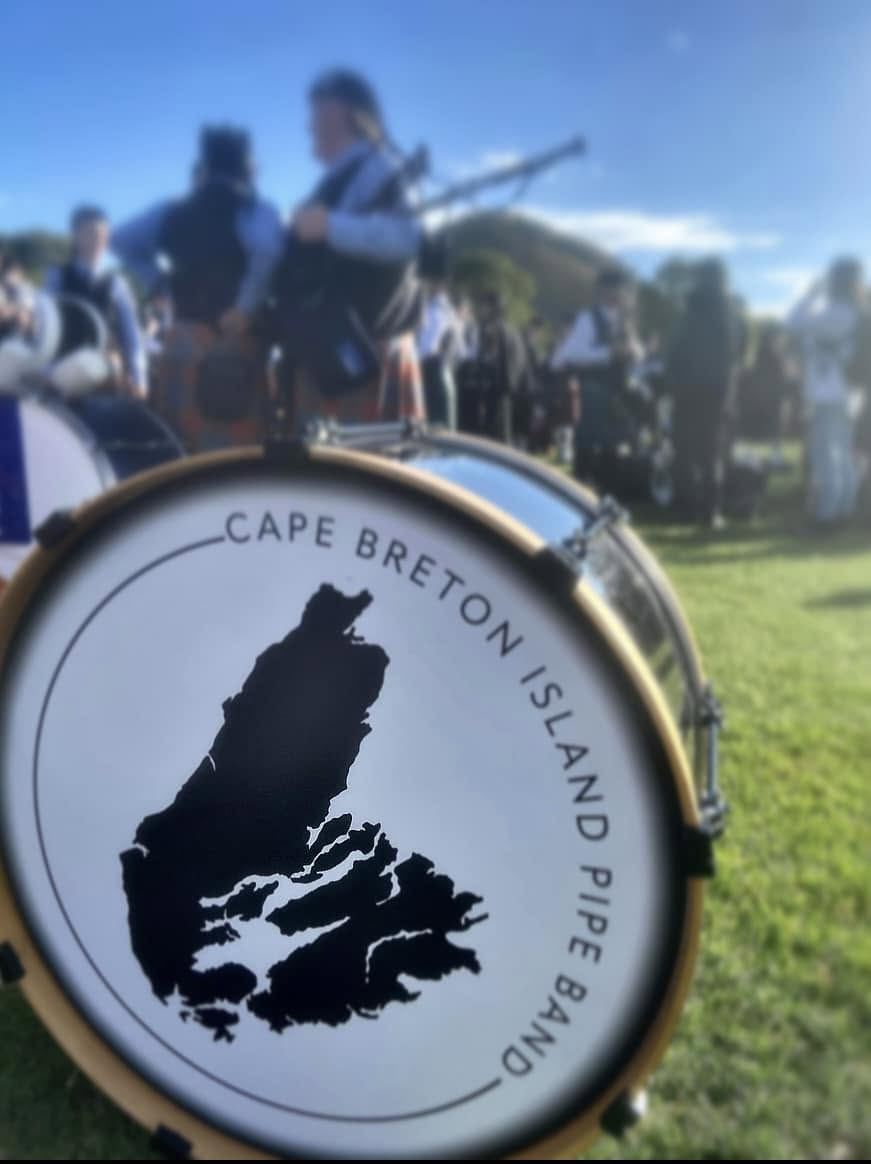 Cape Breton Island Pipe Band bass drum with the island outline
